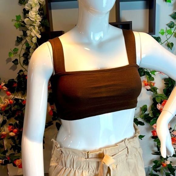 Ambiance Brown Cotton Blend Square Neck Wide Straps Crop Tank Size M - Picture 3 of 11